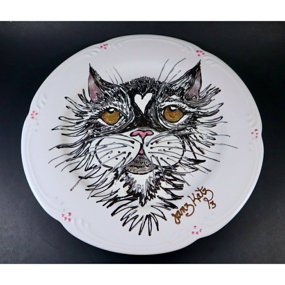 OOAK Artisan Hand Painted Cat Plate Signed Janz Katz 13 Kitten Heart Local Craft
